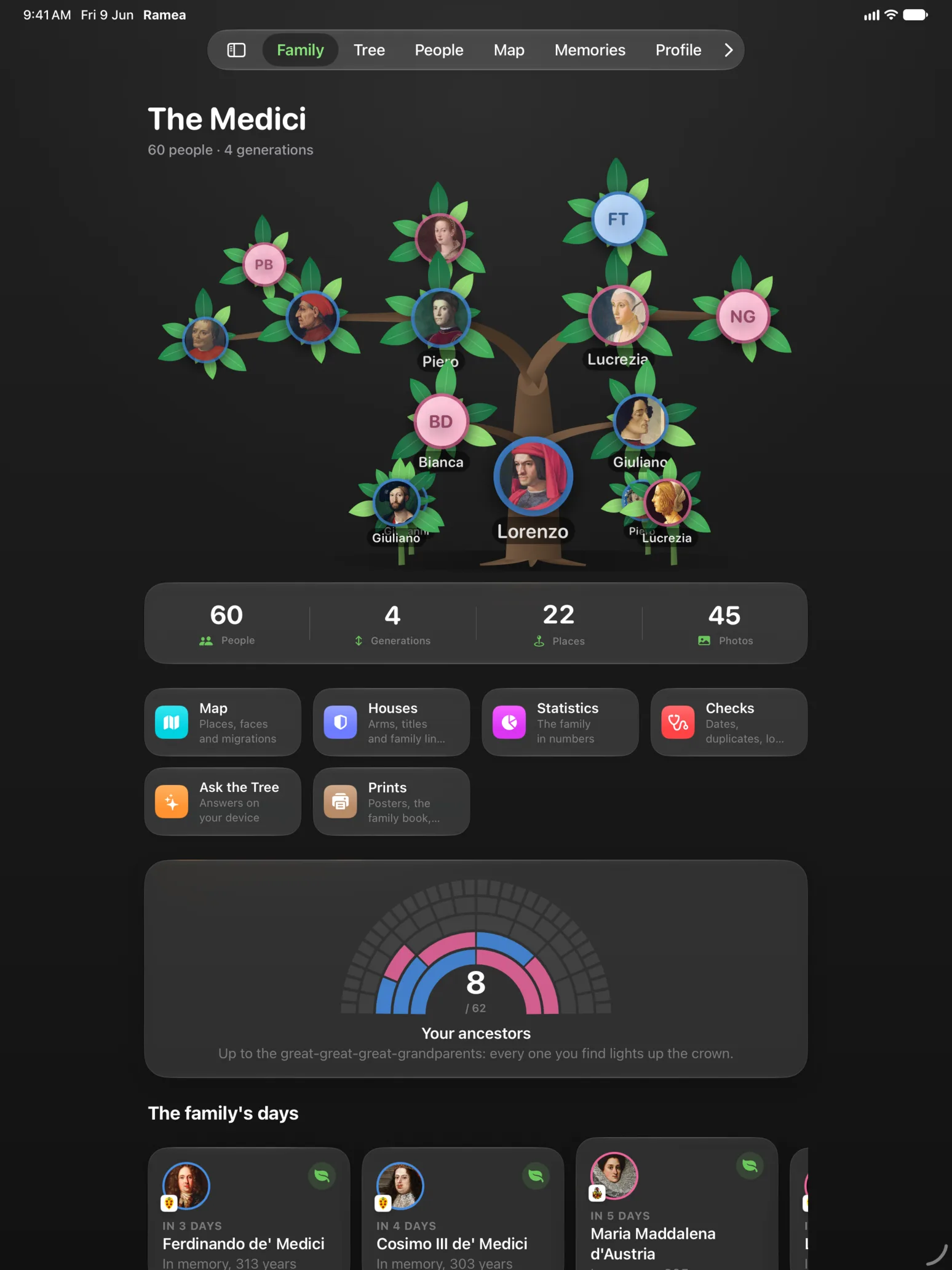 iPad — The family page, with the tree and its numbers