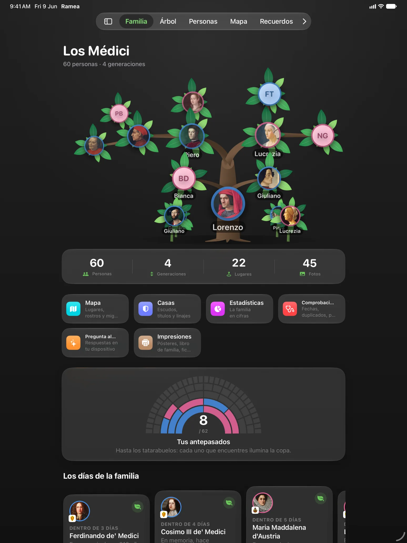 iPad — La página de la familia, con el árbol y sus cifras