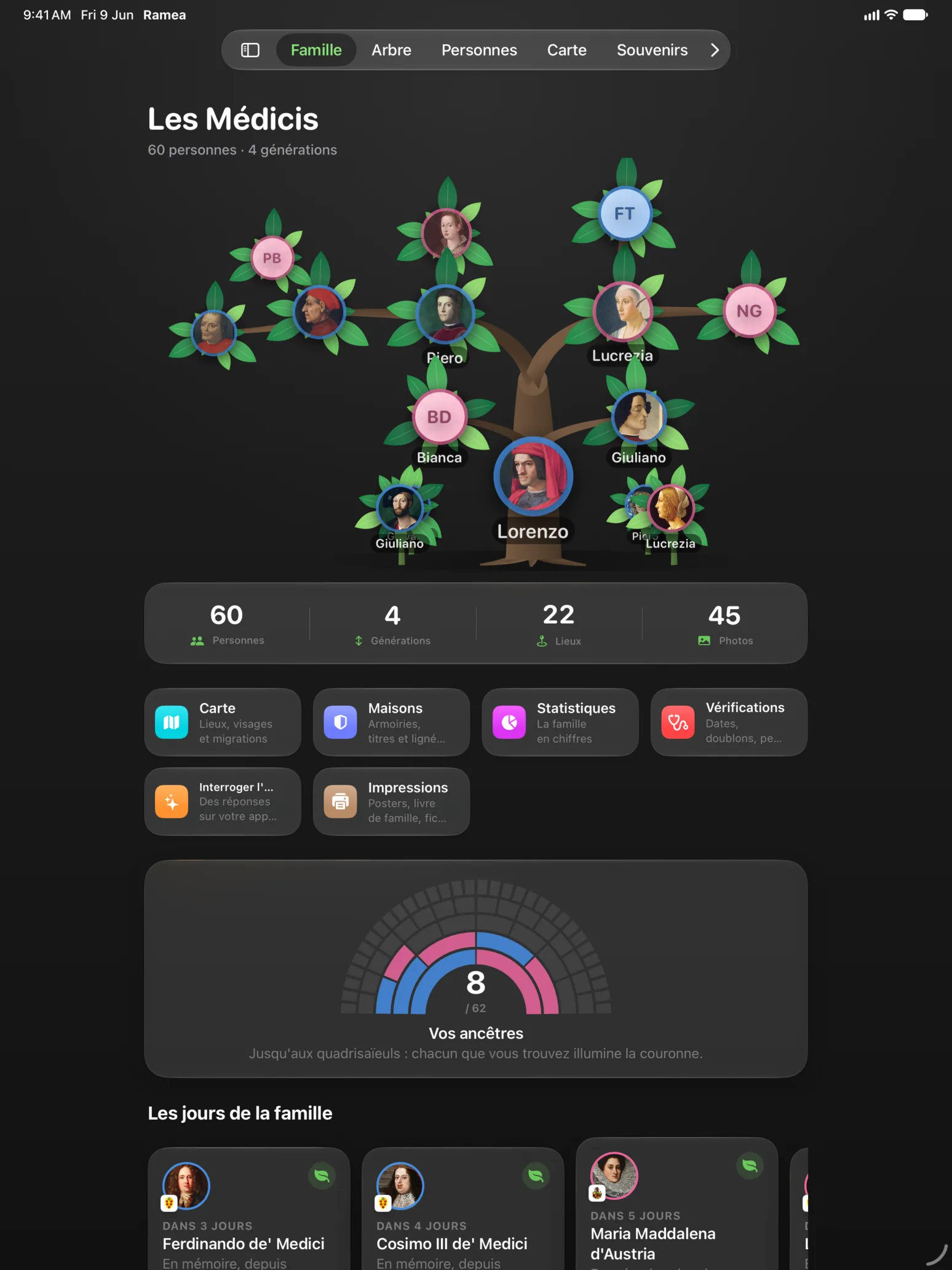 iPad — La page de la famille, avec l’arbre et ses chiffres